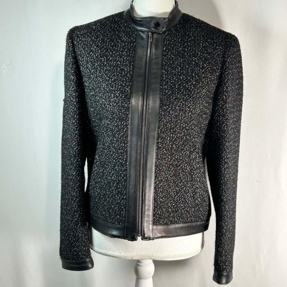 Jones New York Black Tweed Leather Trim Zip Front Jacket Womens 10